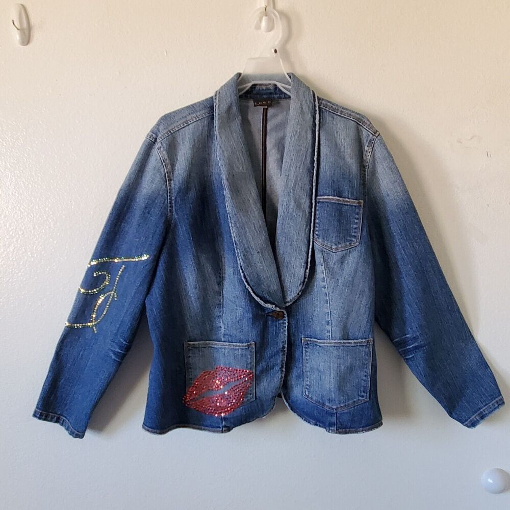 Vintage Fubu Jean Jacket Blazer Womens 2X Plus Blue Embellished Stretch Pockets